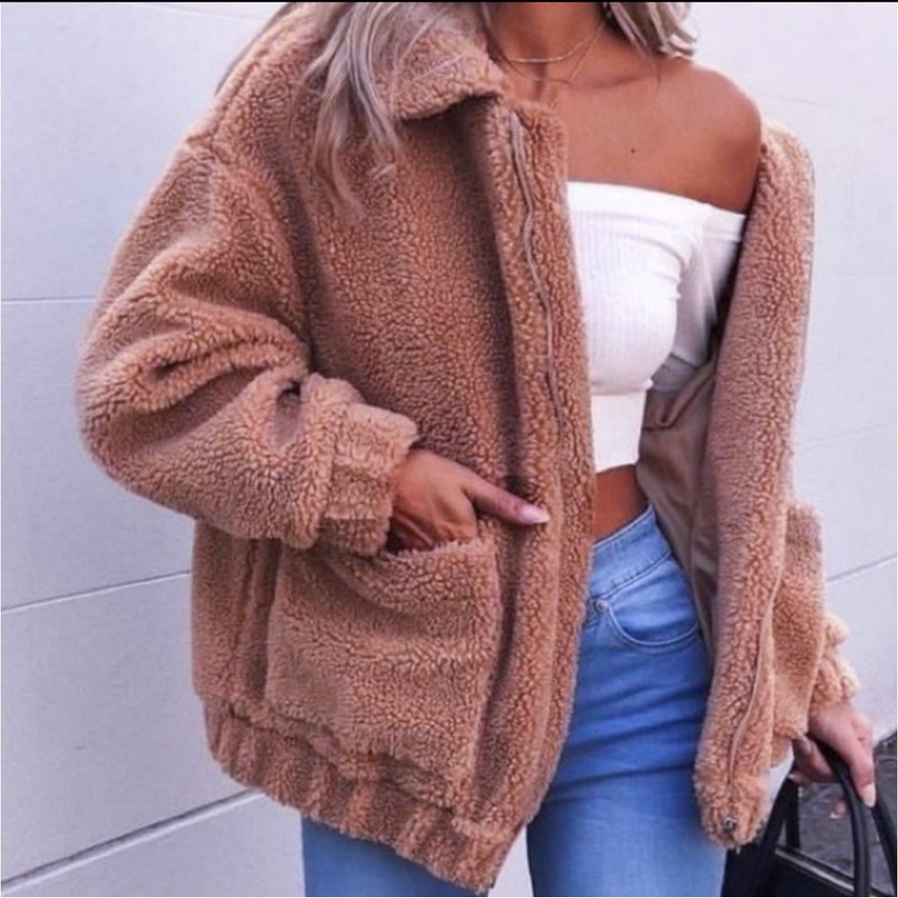 Anthropologie Elodie Pink Teddy Faux Fur Sherpa Shearling Jacket w/ Pockets